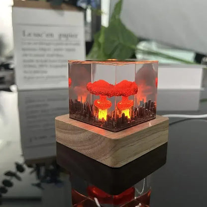 Decorative lamp with lava-like design on a wooden base in an indoor setting