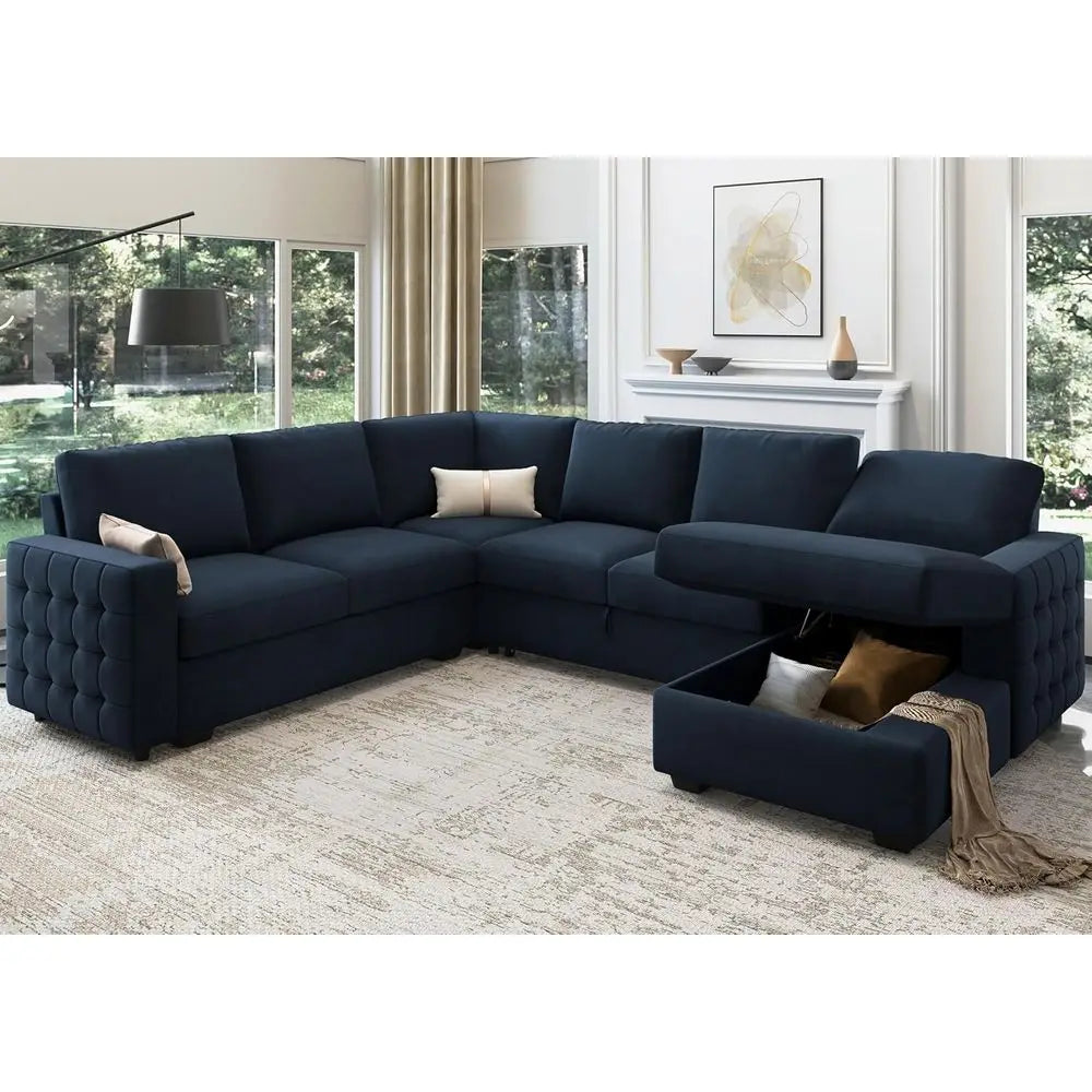 Navy blue sectional sofa in a living room setting with light-colored walls and decor.