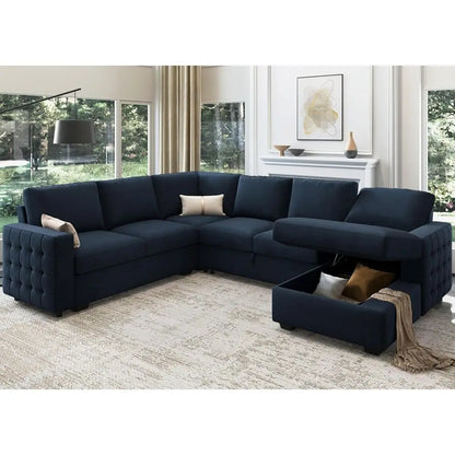 Navy blue sectional sofa in a living room setting with light-colored walls and decor.