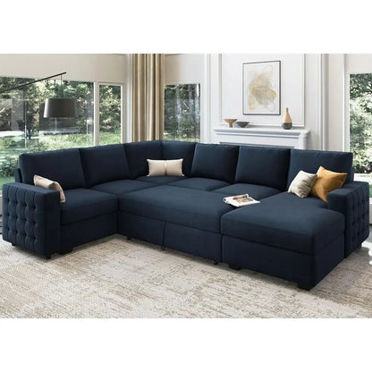 Navy blue sectional sofa in a living room setting with decorative pillows.