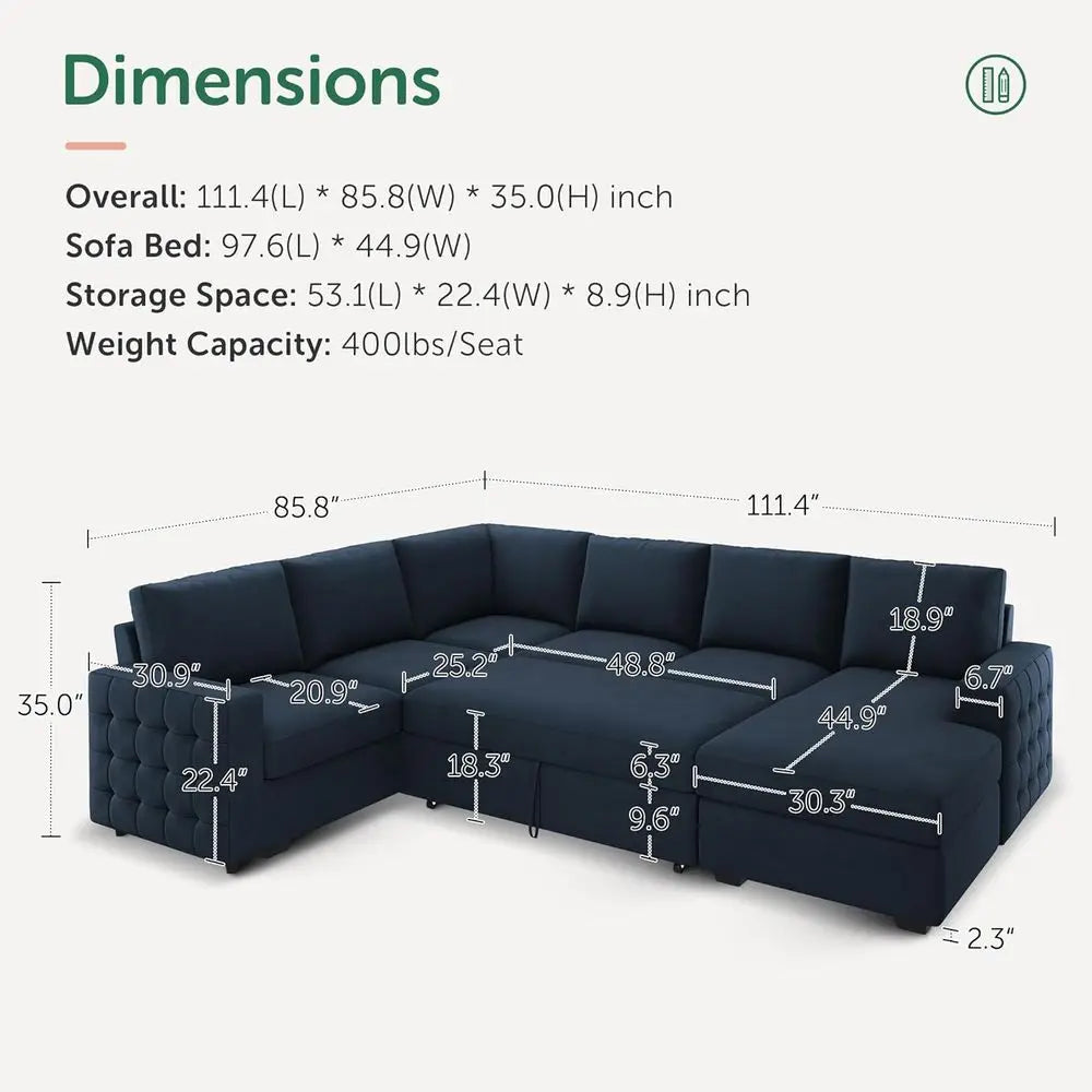 Navy sectional sofa with dimensions labeled on a white background