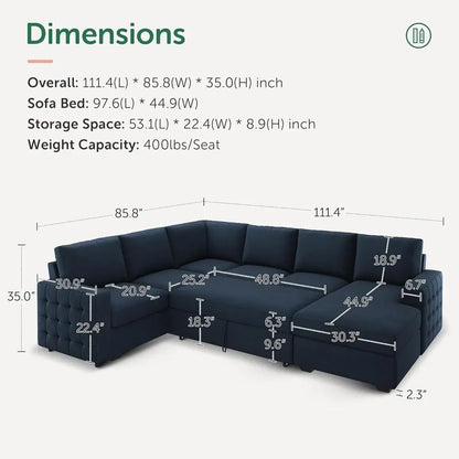 Navy sectional sofa with dimensions labeled on a white background