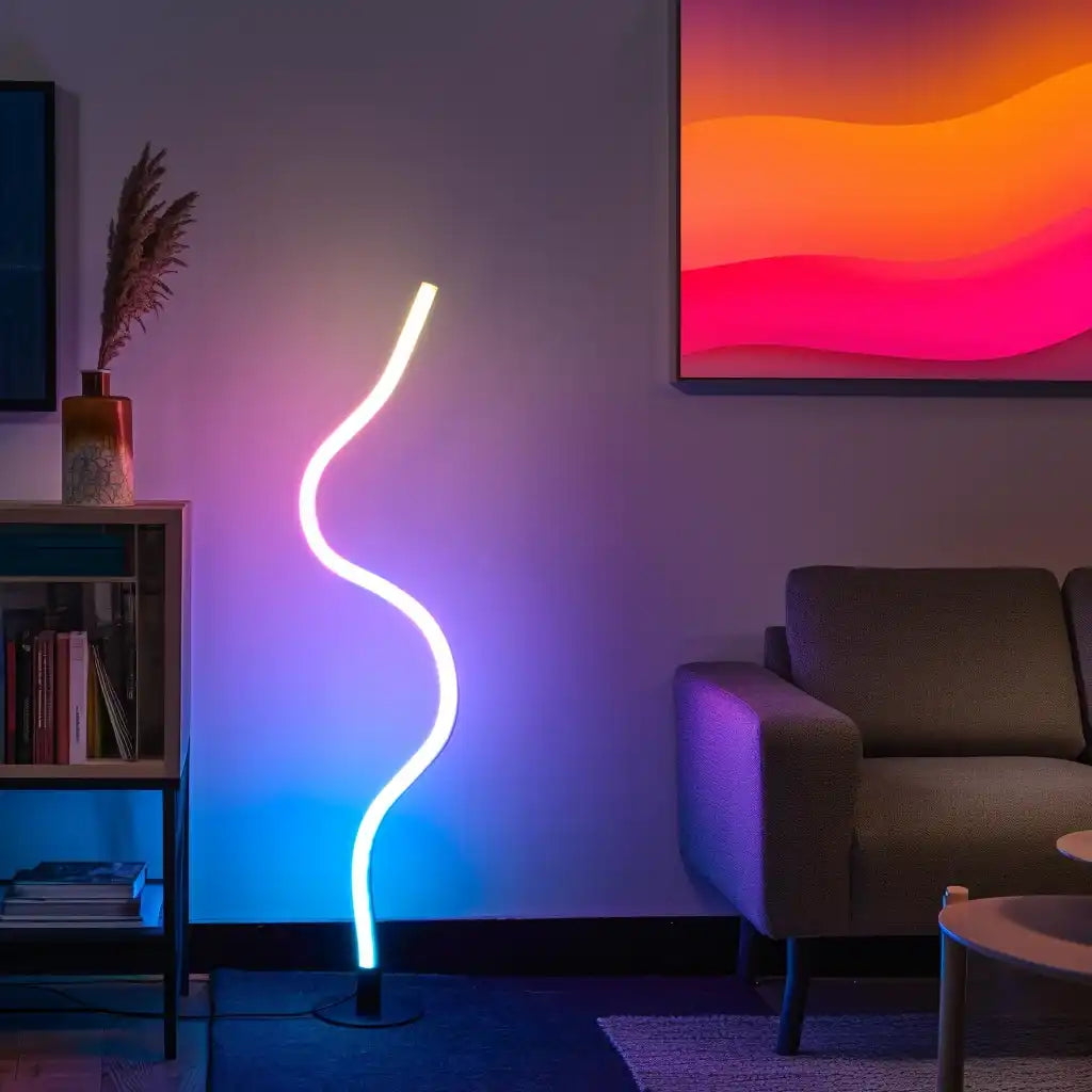 Neon lamp in a living room with a colorful painting on the wall