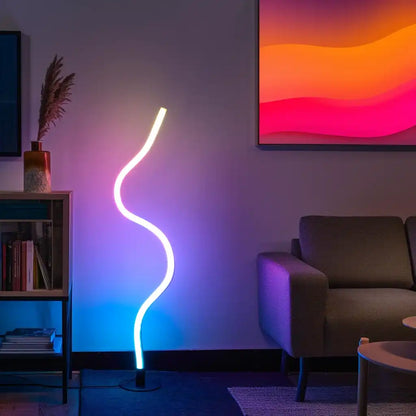 Neon lamp in a living room with a colorful painting on the wall