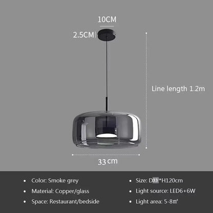 Pendant light with dimensions and specifications on a gray background