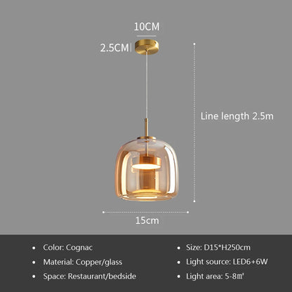 Pendant light with dimensions and specifications on a gray background