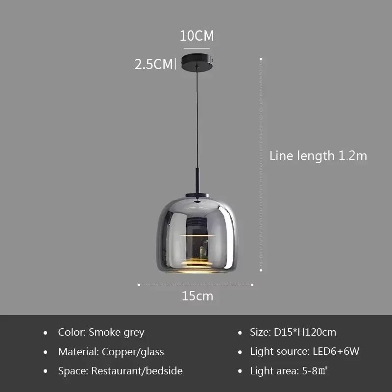 Pendant light with dimensions and specifications on a gray background