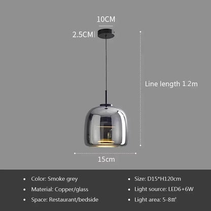 Pendant light with dimensions and specifications on a gray background