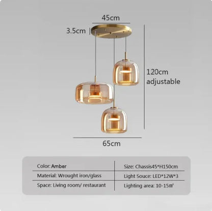 Gold pendant light with dimensions and specifications on a gray background