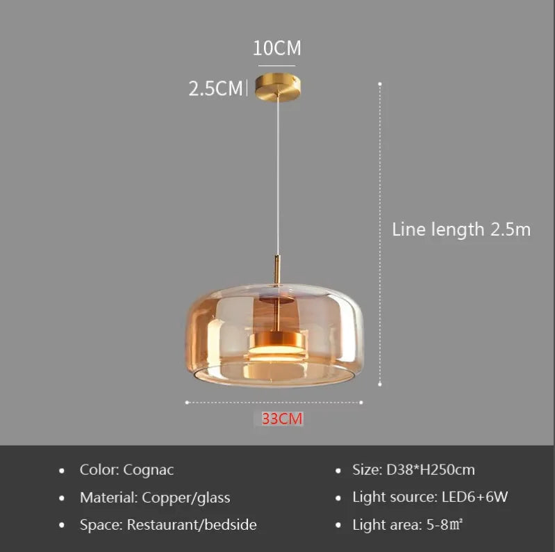 Pendant light with dimensions and specifications on a gray background