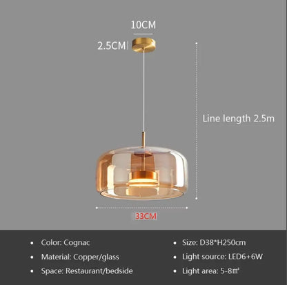Pendant light with dimensions and specifications on a gray background