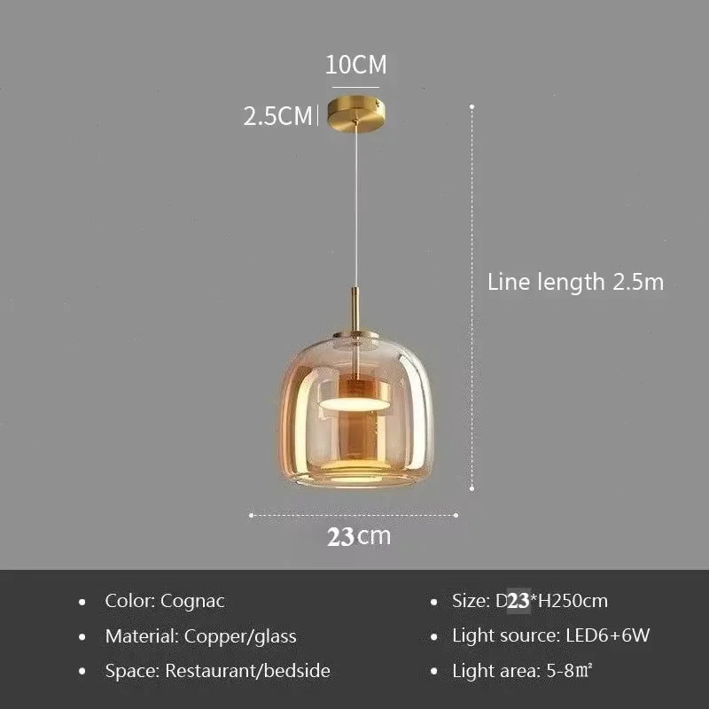 Pendant light with dimensions and specifications on a gray background