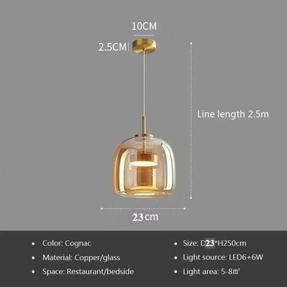Pendant light with dimensions and specifications on a gray background