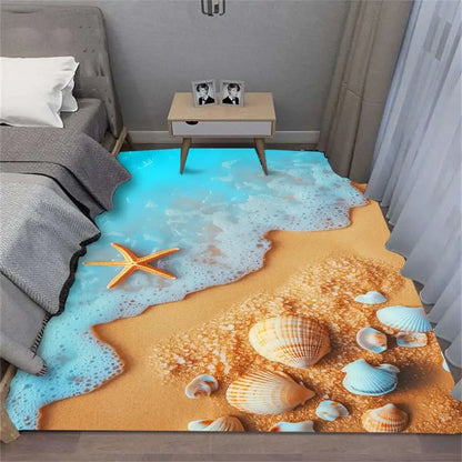 Ocean wave carpet with seashells and starfish on sandy beach design in bedroom