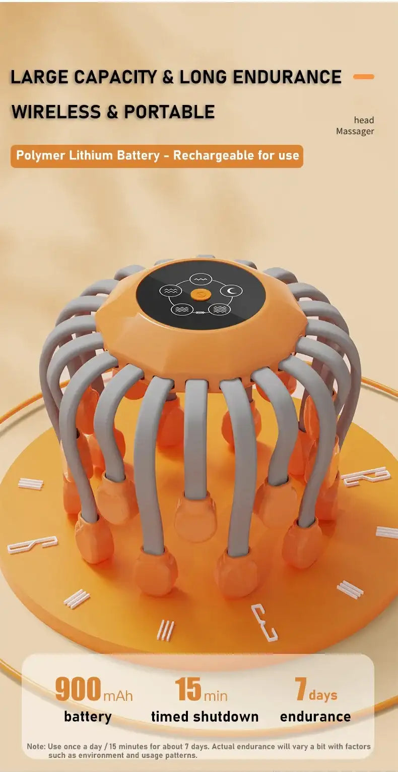 Orange and gray  scalp massager with text about battery capacity and features on a beige background