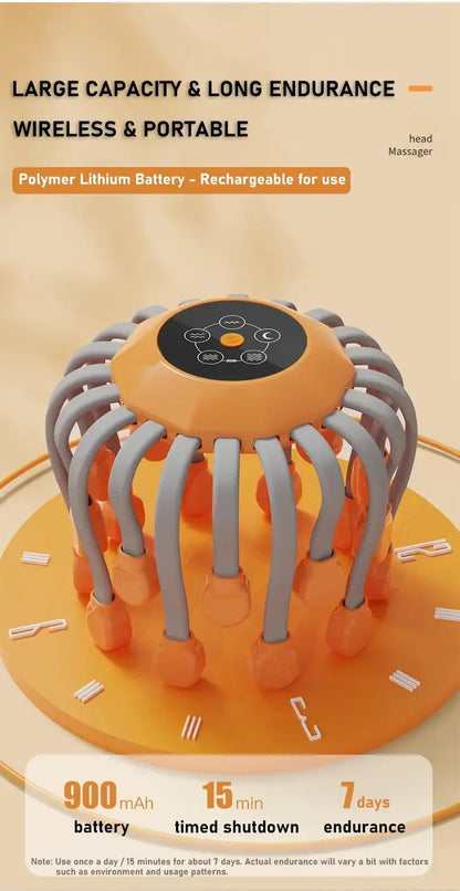 Orange and gray  scalp massager with text about battery capacity and features on a beige background