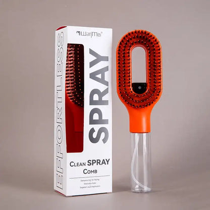 Orange cleaning comb with a clear handle next to its packaging on a beige background