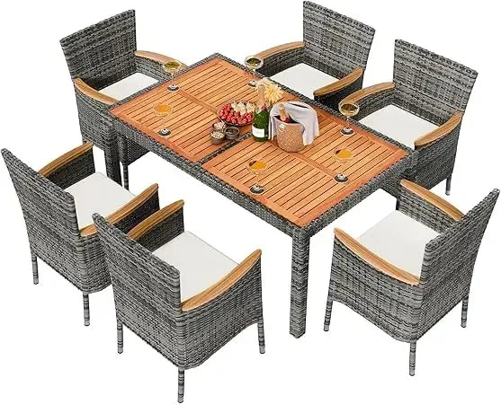 7-Piece Outdoor Wicker Dining Set Wooden Table & 6 Cushioned Chairs - 