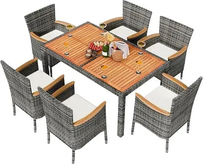 7-Piece Outdoor Wicker Dining Set Wooden Table & 6 Cushioned Chairs - 