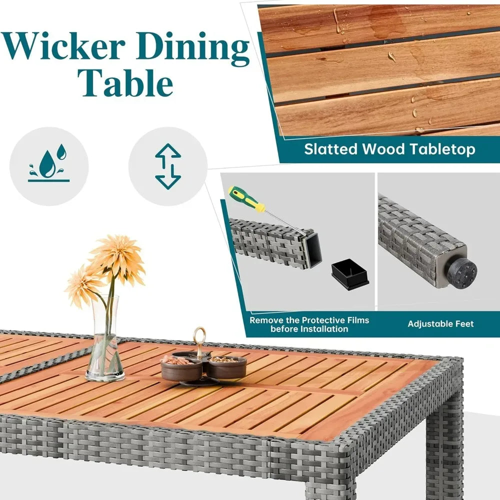 7-Piece Outdoor Wicker Dining Set Wooden Table & 6 Cushioned Chairs - 
