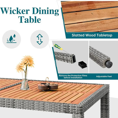 7-Piece Outdoor Wicker Dining Set Wooden Table & 6 Cushioned Chairs - 
