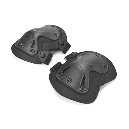 Pair of black protective knee pads on a white background