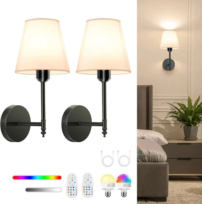 Pair of wall-mounted lamps with a color-changing light bar and remote control on a white background.