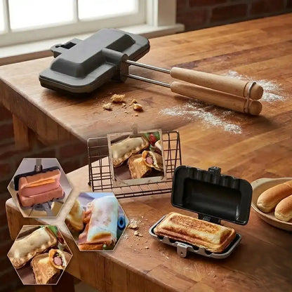 Panini press on a wooden table with various panini images displayed.