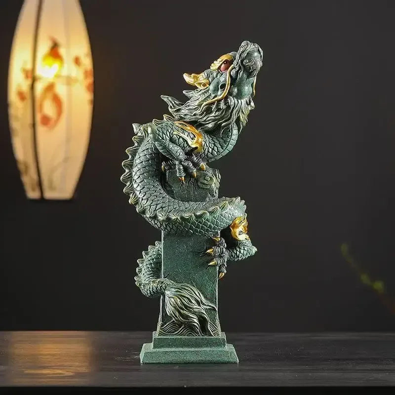 Chinese Panlong Dragon Statue – Feng Shui Zodiac Dragon Decorative Sculpture - Green
