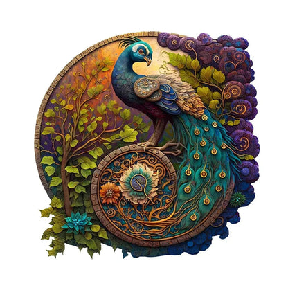 Round Peacock Wooden Jigsaw Puzzle – Irregular Animal Shaped