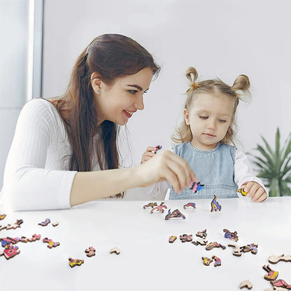 Woman and child playing with puzzle pieces on a table