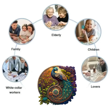 Decorative peacock wall art with circular images of people labeled 'Elderly', 'Children', 'Family', 'White-collar workers', and 'Lovers' on a white background.