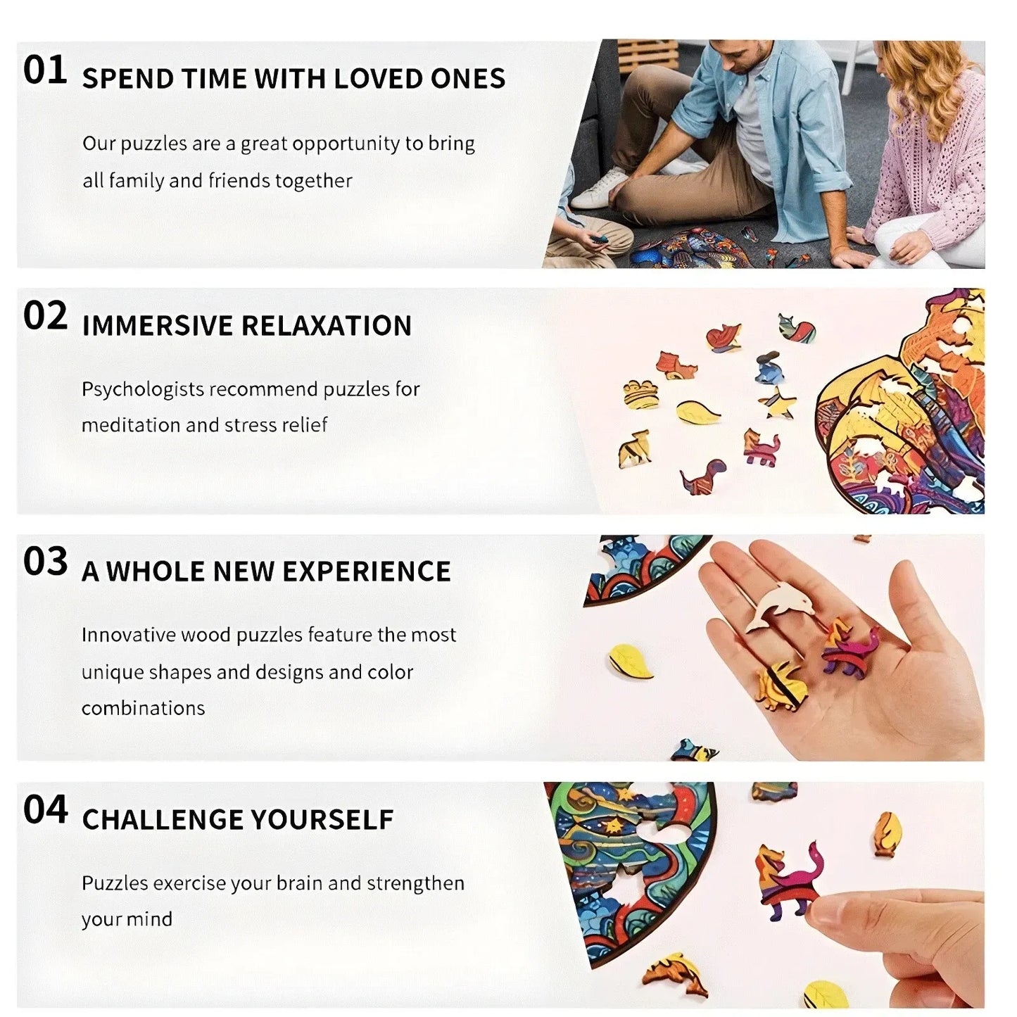 Promotional image for wooden puzzles with text about family bonding, relaxation, experience, and challenge.