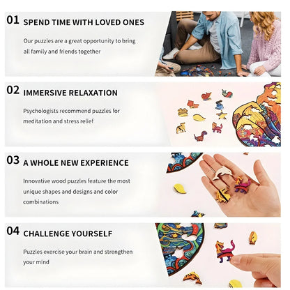 Promotional image for wooden puzzles with text about family bonding, relaxation, experience, and challenge.