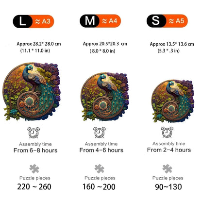 Three puzzle pieces with peacock designs, showing size, assembly time, and number of pieces for each.