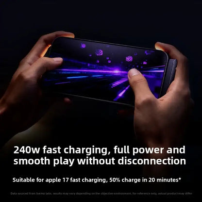 Person holding a smartphone with a dark background, emphasizing fast charging capabilities.