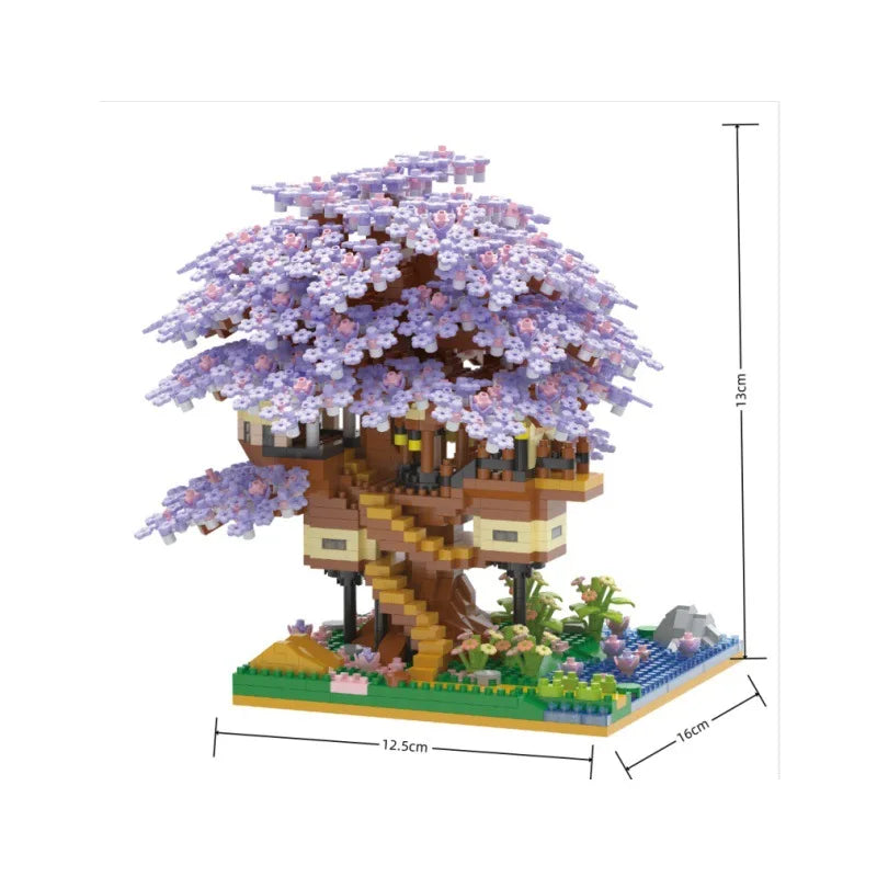 Toy treehouse with cherry blossom branches and measurements on a white background