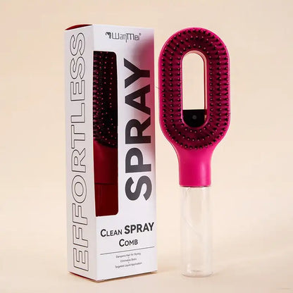 Pink cleaning comb with clear bottle body and white packaging labeled 'Effortless Spray' on a beige background.