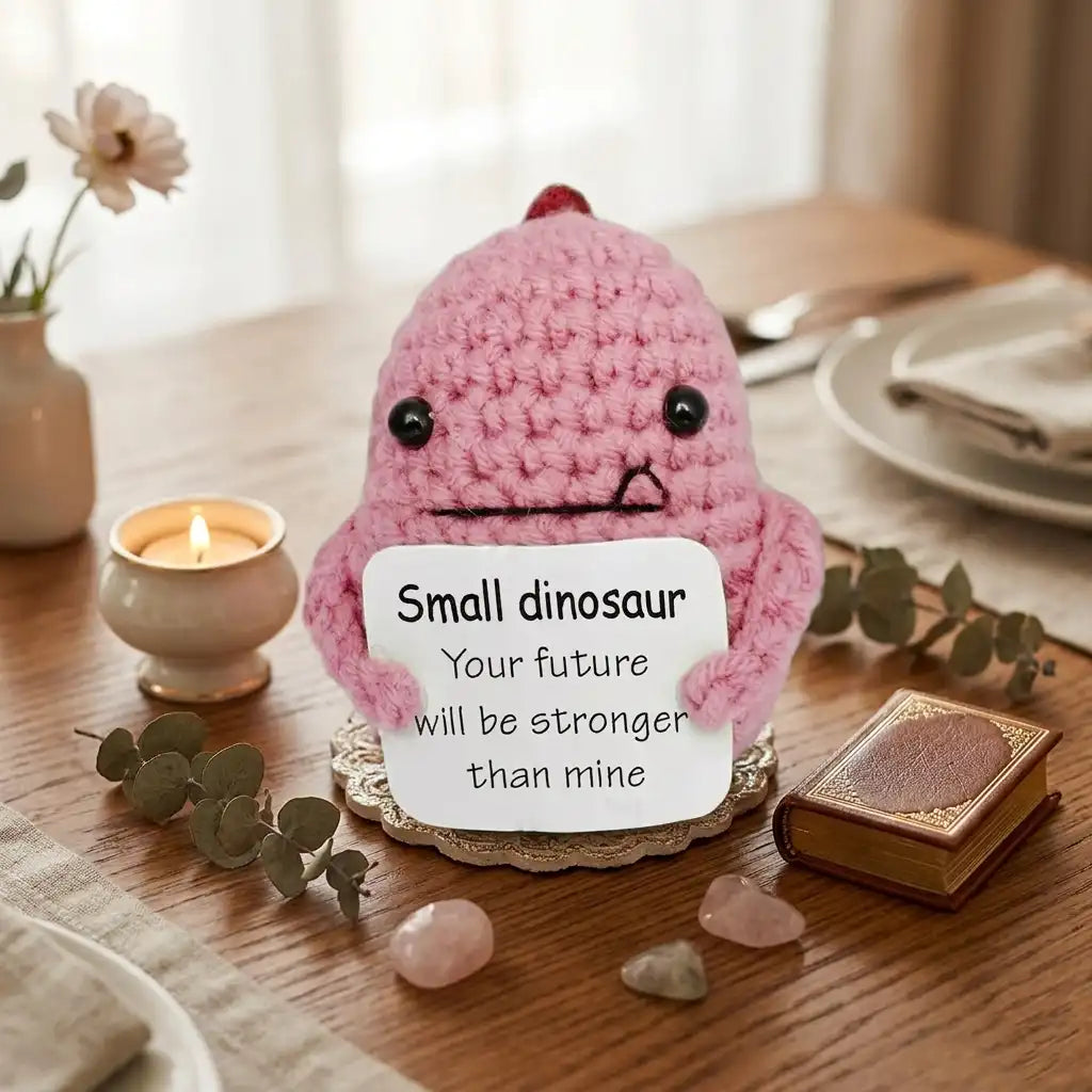 Pink crochet dinosaur with a message card on a table with a candle and flowers.