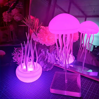 Pink jellyfish-shaped lamps on a grid surface with decorative plants and vases in the background.