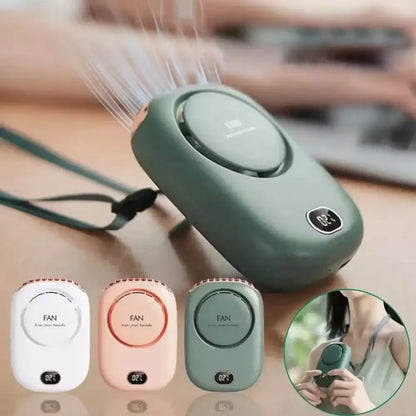 Portable fan with different color options and a person using it.