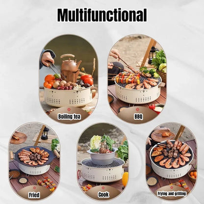 Multifunctional cooking device used for boiling tea, BBQ, frying, and grilling with text labels.