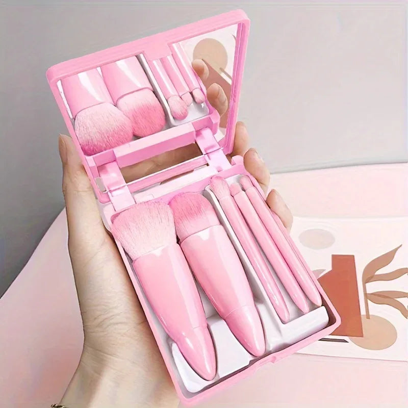 5Pcs Portable Makeup Brush Set Mini Travel Kit with Mirror & Foldable Case - Pink