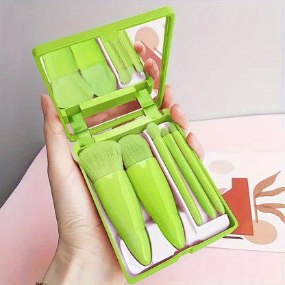 5Pcs Portable Makeup Brush Set Mini Travel Kit with Mirror & Foldable Case - Green