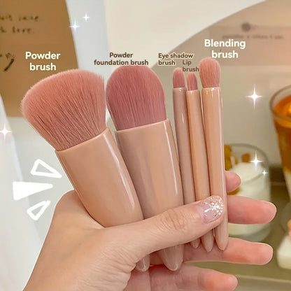 5Pcs Portable Makeup Brush Set Mini Travel Kit with Mirror & Foldable Case - Coffee Pink