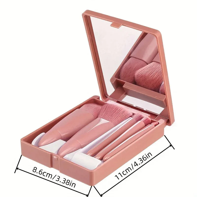 5Pcs Portable Makeup Brush Set Mini Travel Kit with Mirror & Foldable Case - Pink