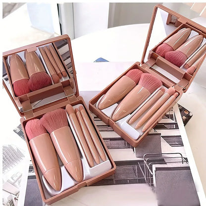 5Pcs Portable Makeup Brush Set Mini Travel Kit with Mirror & Foldable Case - Pink