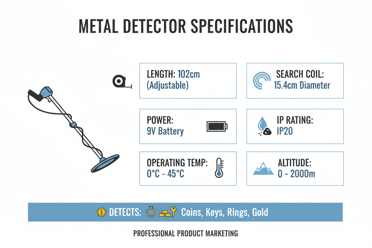 Specifications chart for portable metal detector showing length, coil size, battery, IP rating, temperature range, and altitude