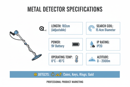 Specifications chart for portable metal detector showing length, coil size, battery, IP rating, temperature range, and altitude