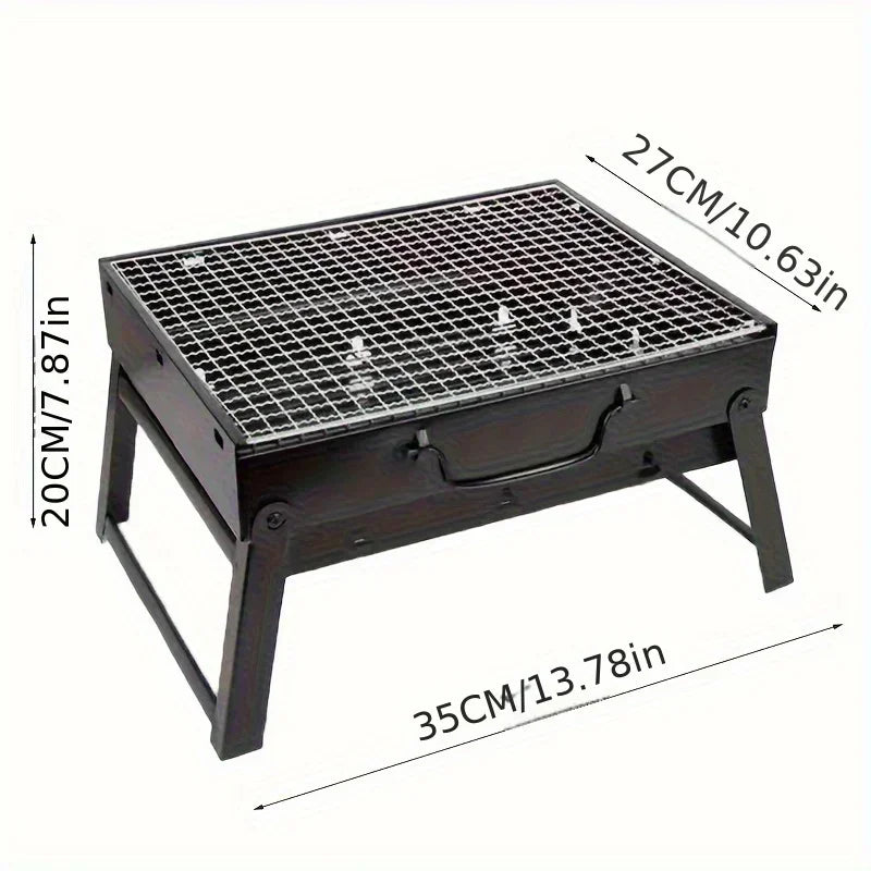 Portable grill with dimensions labeled on a white background